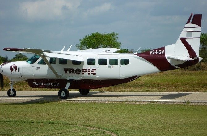 A Tropic Air plane arriving at Corozal airport in Belize