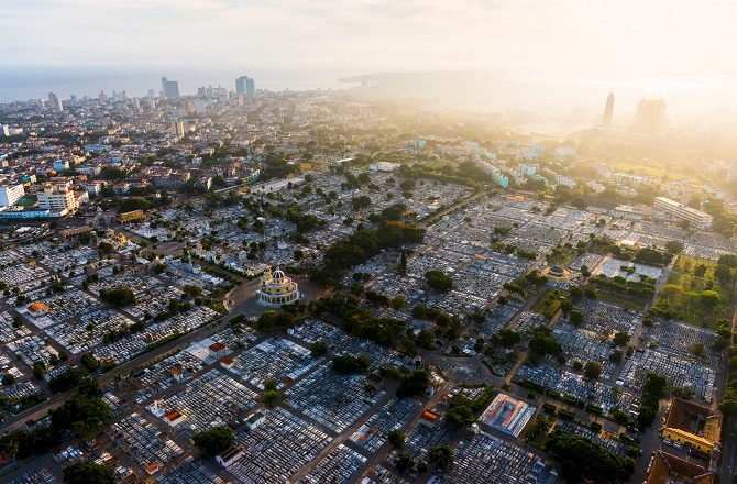 An aerial shot of the vast cemetery of Christopher Columbus in Havana, Cuba
