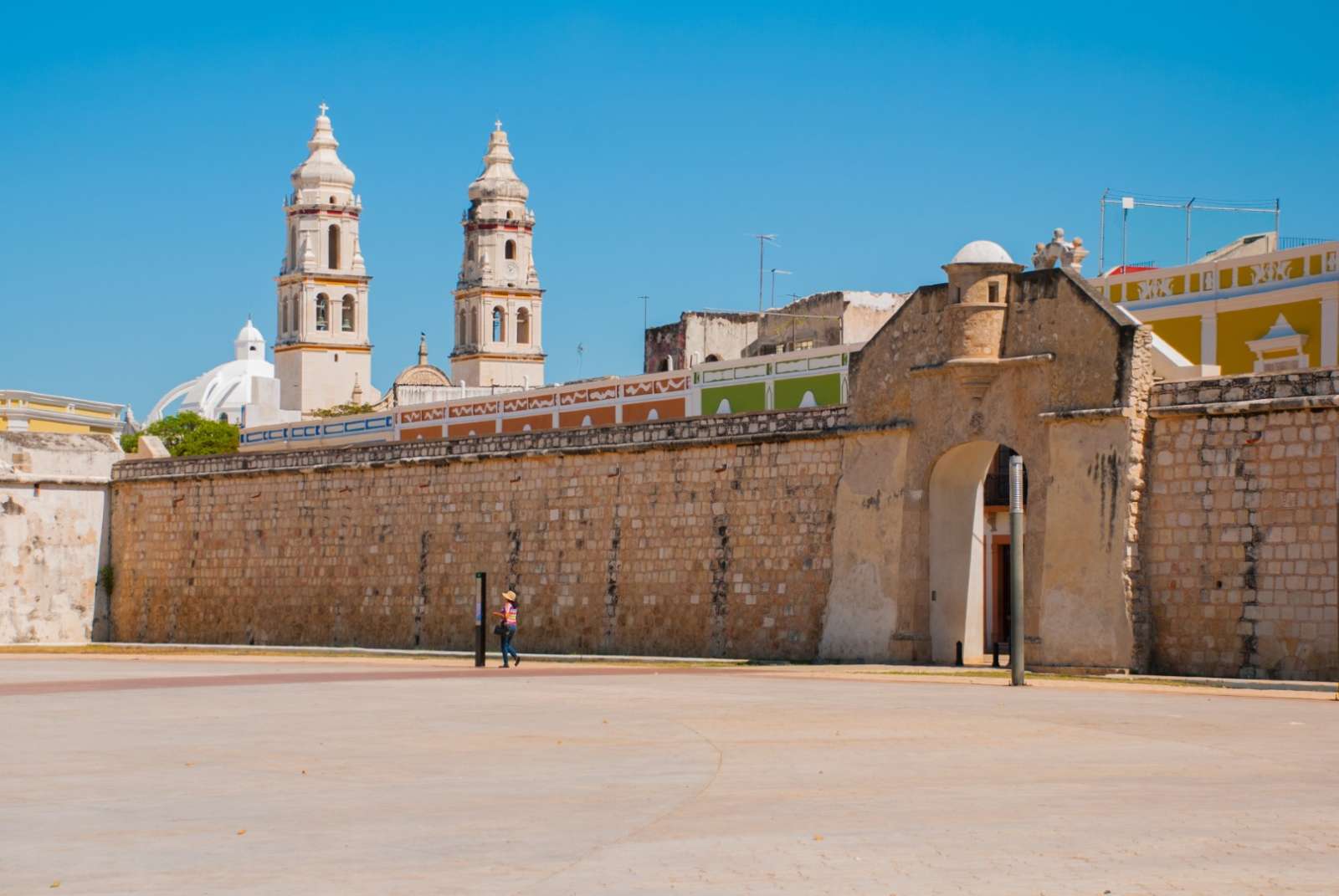 View of cathedral behind city wall in Campeche Mexico